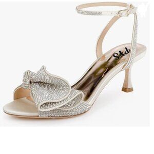 FYS Beige And Silver Rhinestones Bow Peep Toe High Heel Ankle Strap Sandal